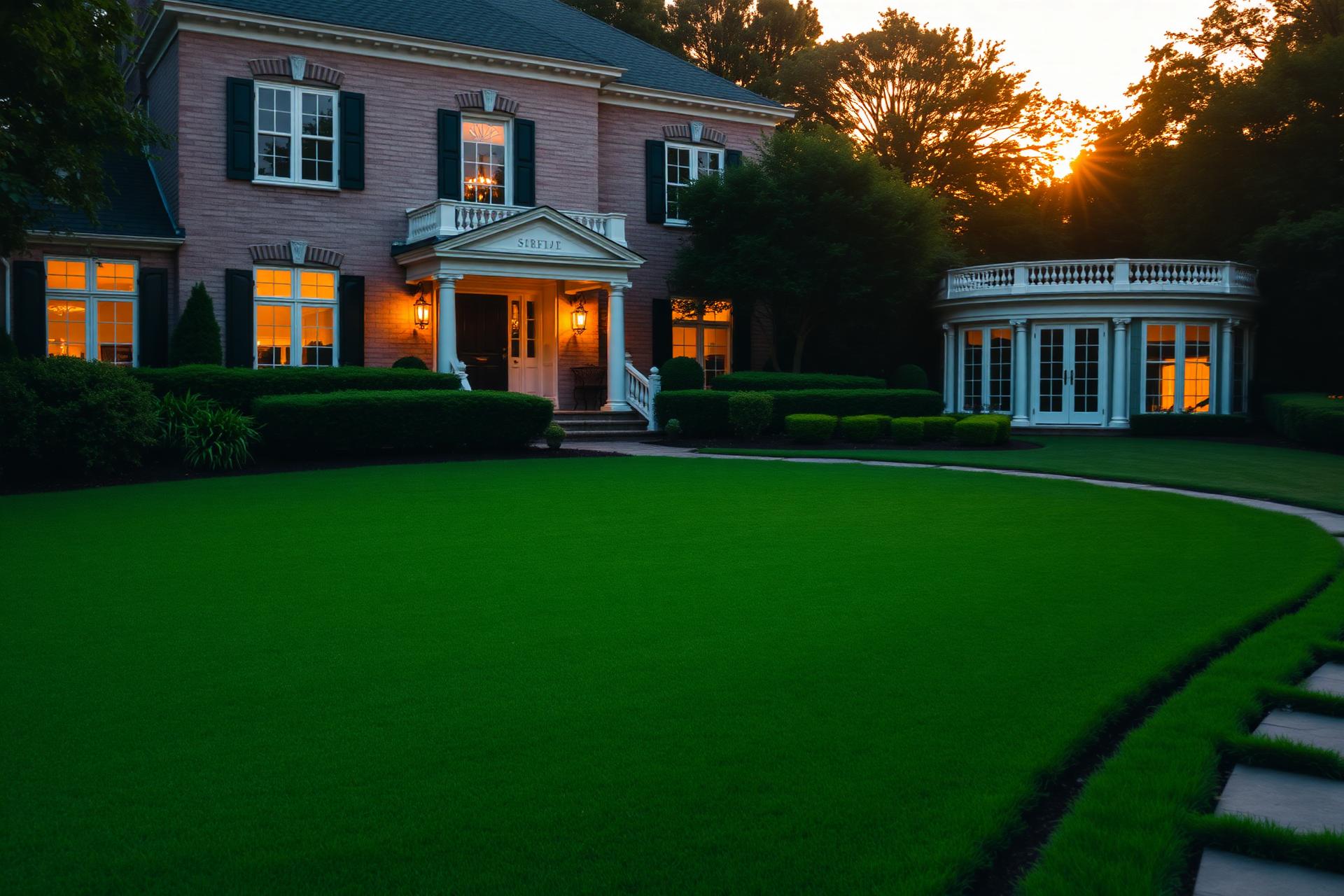 Manicured lawn at golden hour in front of an elegant home